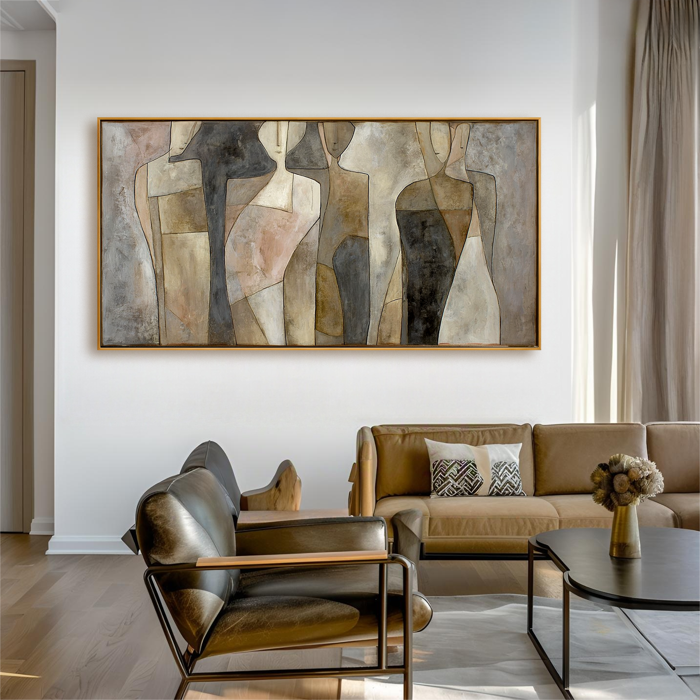 Horizontal abstract figurative painting with calm human shapes and soft textured surfaces