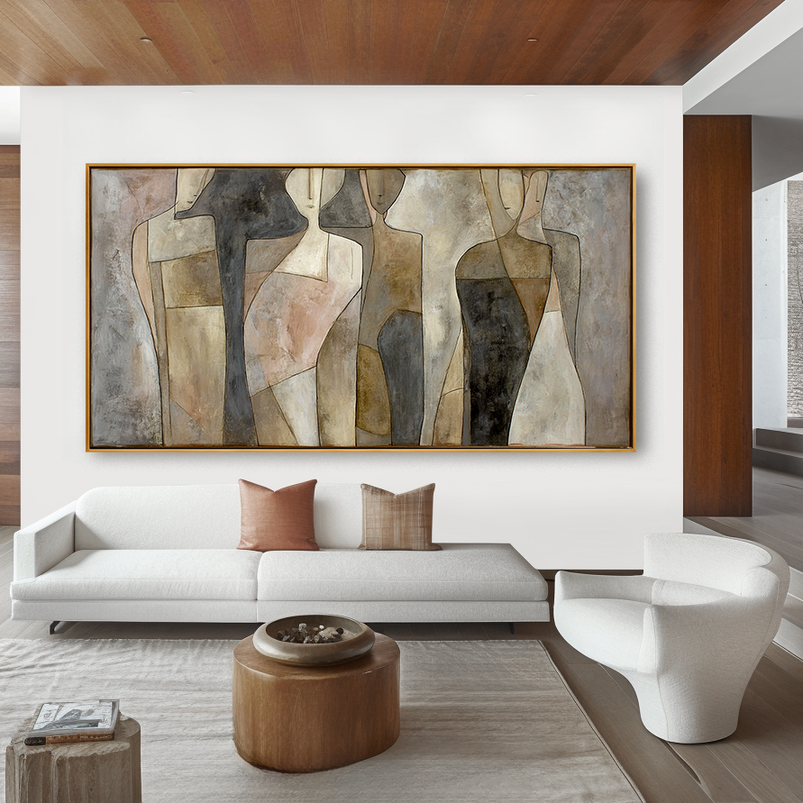 Horizontal abstract figurative painting with calm human shapes and soft textured surfaces