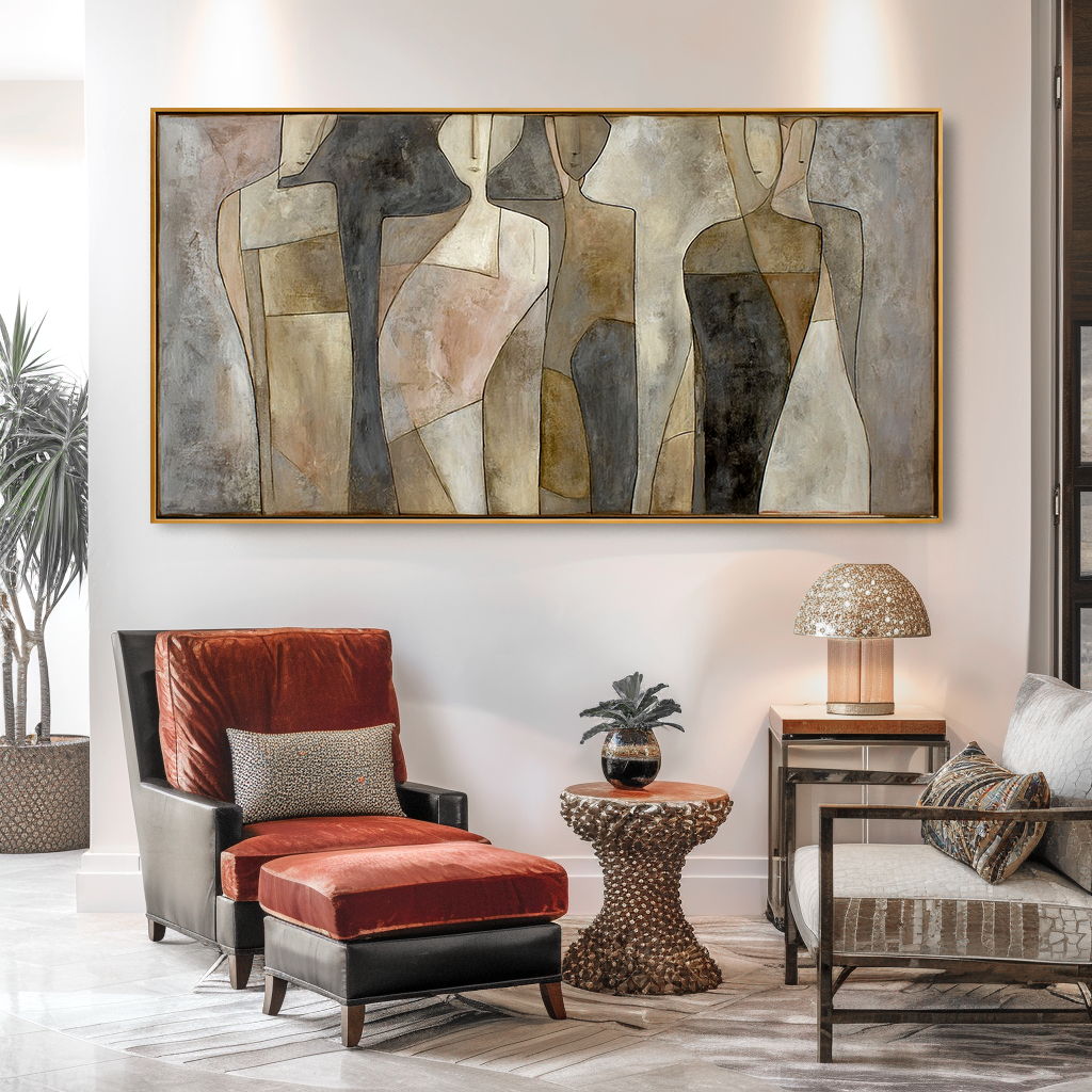 Horizontal abstract figurative painting with calm human shapes and soft textured surfaces