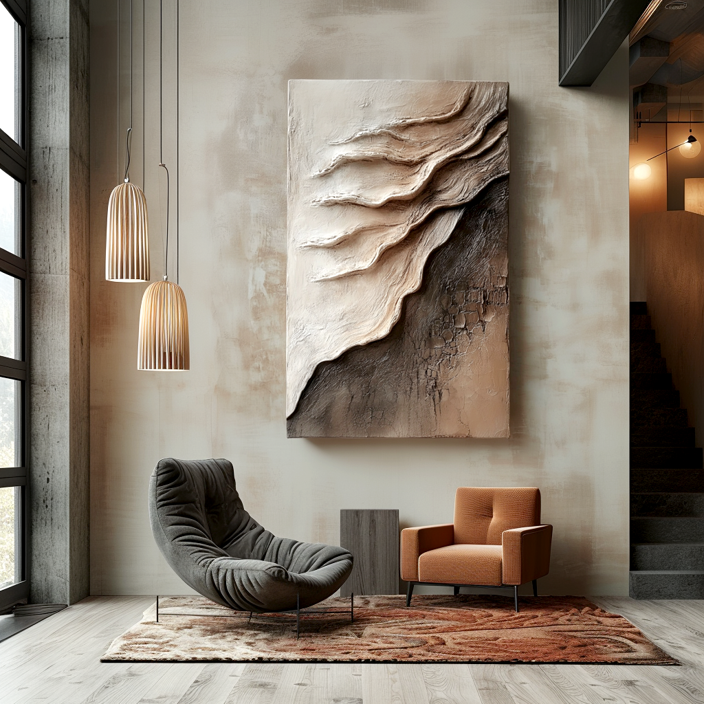 neutral textured abstract painting with layered desert rock pattern