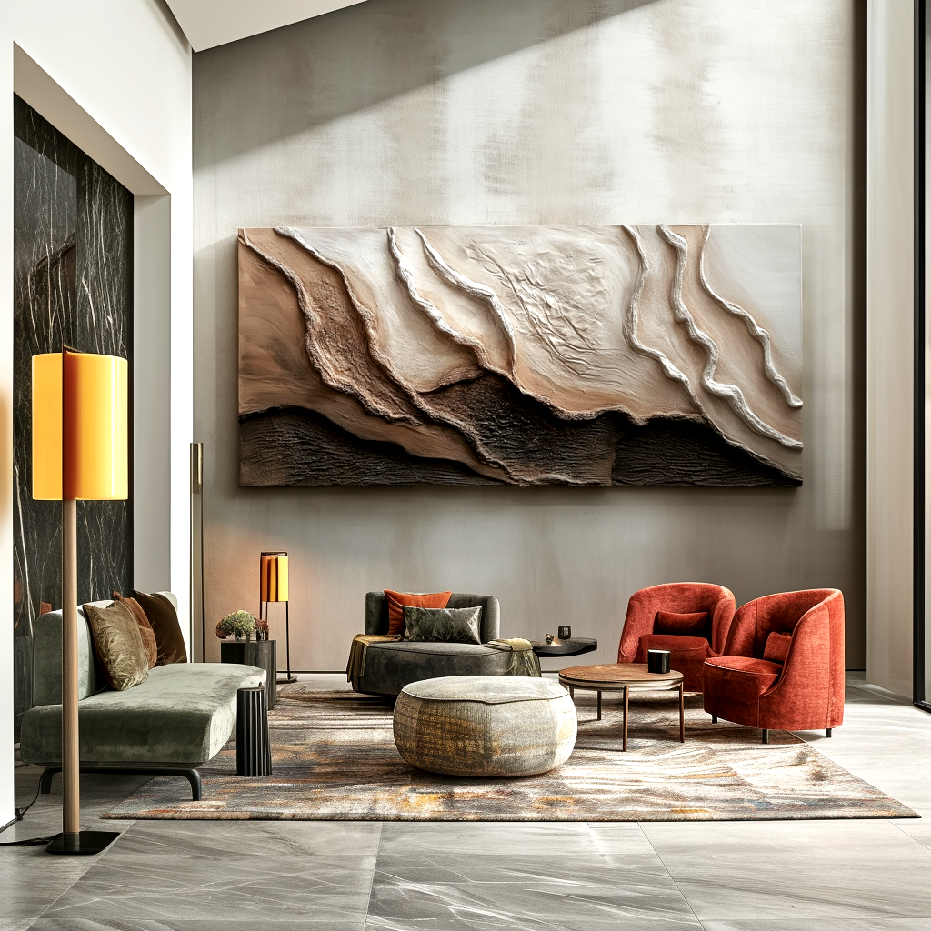 neutral layered textured abstract painting with canyon-like forms