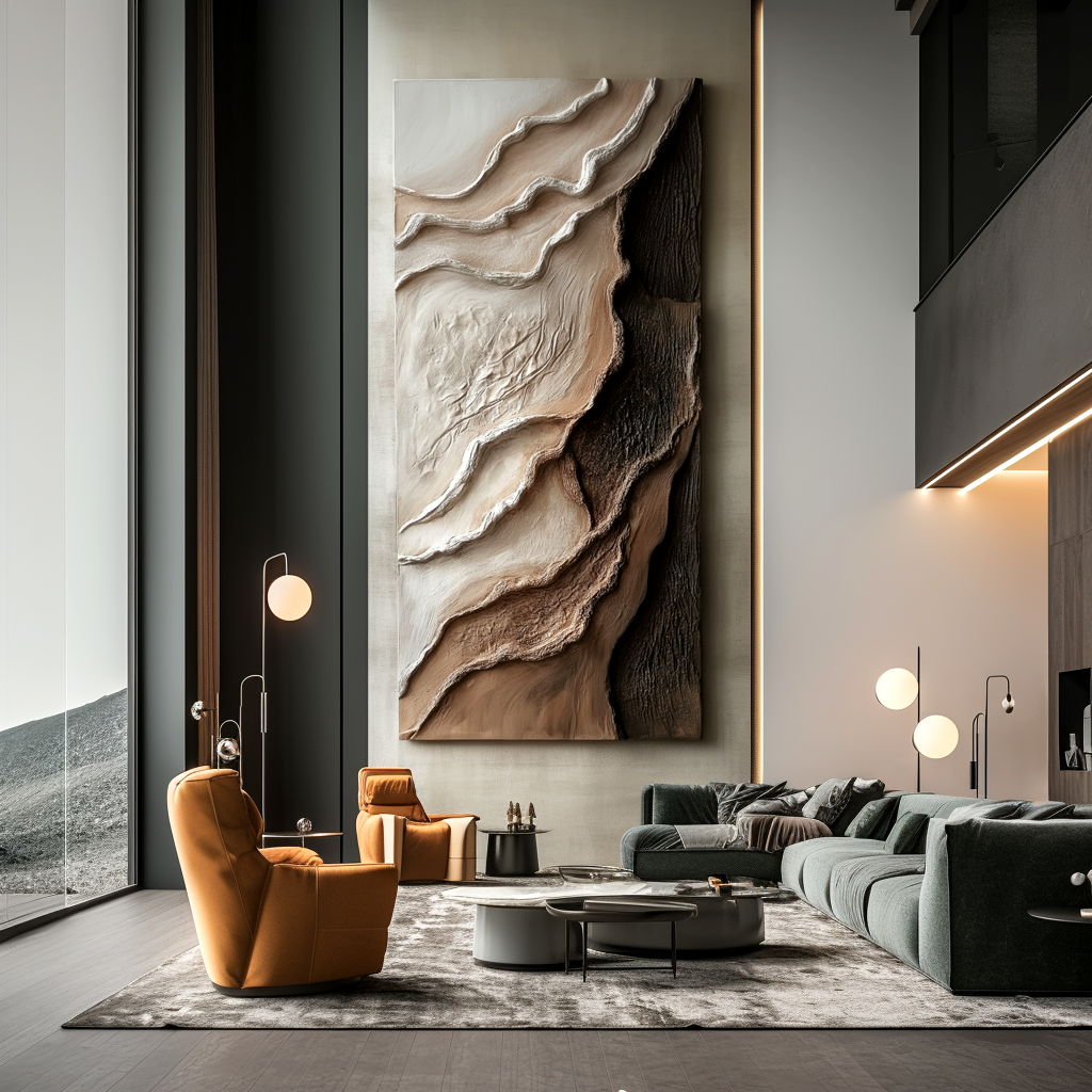 neutral layered textured abstract painting with canyon-like forms