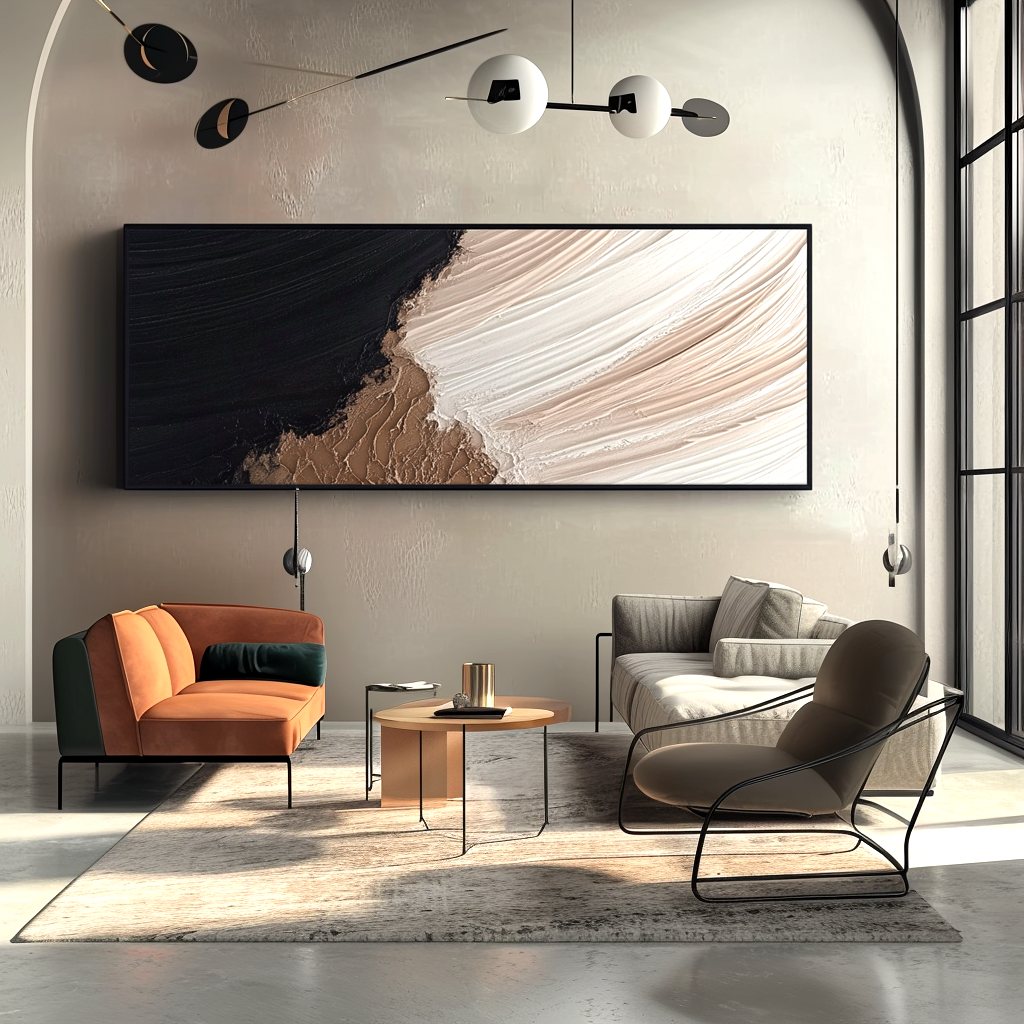 neutral tidal edge textured abstract painting in black beige and white