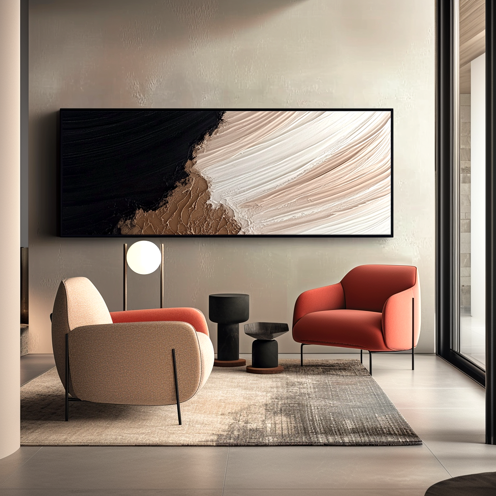 neutral tidal edge textured abstract painting in black beige and white