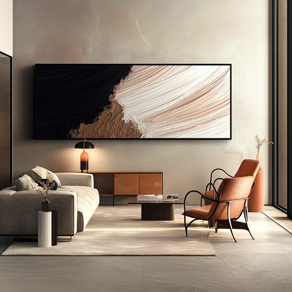 neutral tidal edge textured abstract painting in black beige and white