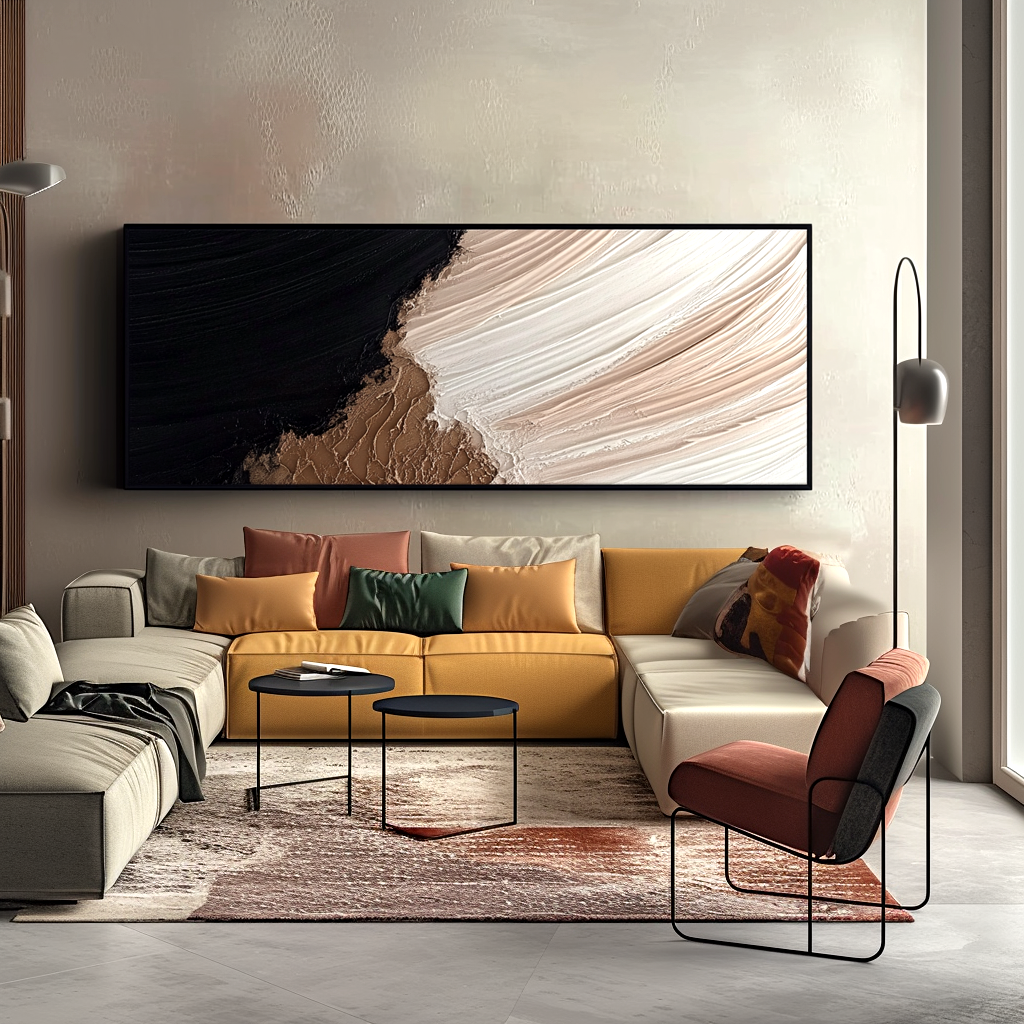 neutral tidal edge textured abstract painting in black beige and white