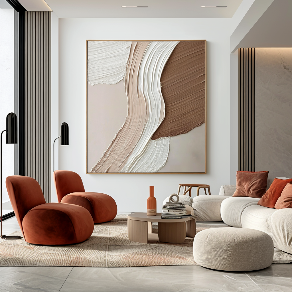 neutral beige brown white textured abstract painting with flowing strokes