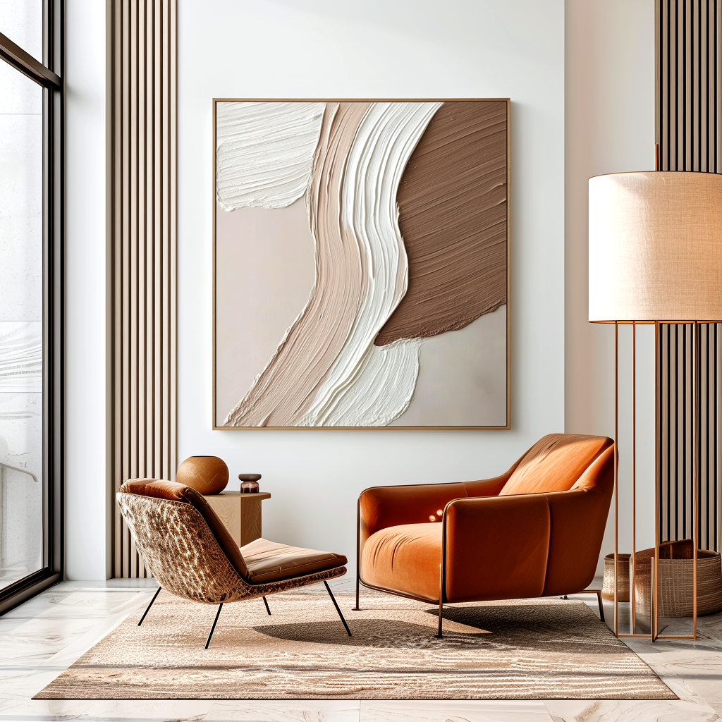 neutral beige brown white textured abstract painting with flowing strokes