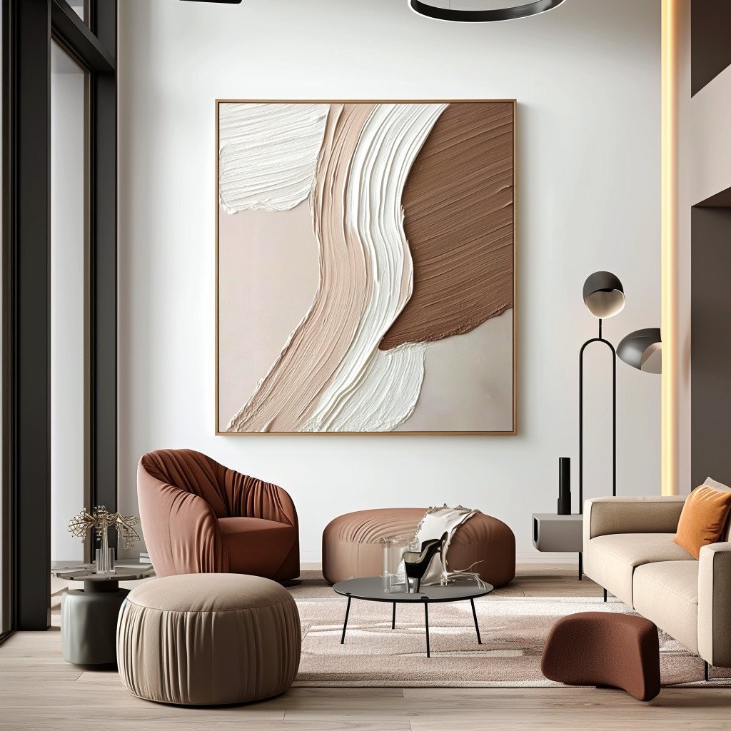 neutral beige brown white textured abstract painting with flowing strokes