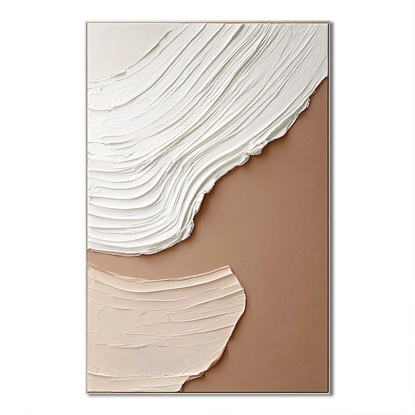 neutral minimal textured abstract painting with white and beige layered strokes on brown background