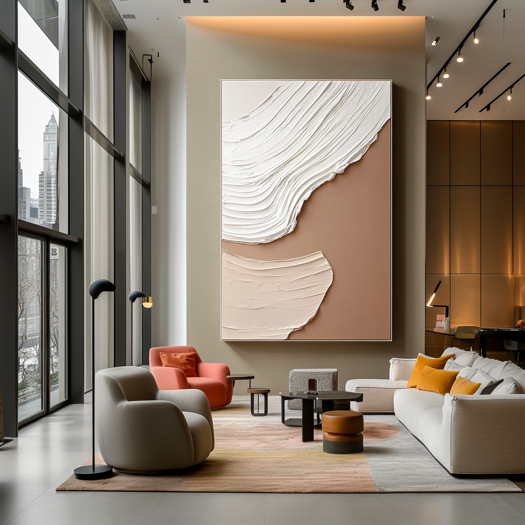 neutral minimal textured abstract painting with white and beige layered strokes on brown background