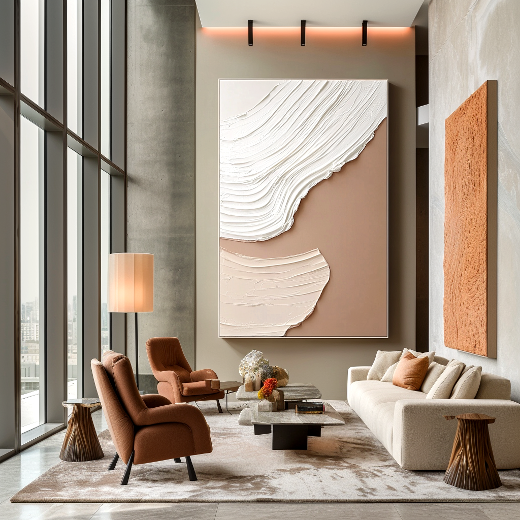 neutral minimal textured abstract painting with white and beige layered strokes on brown background