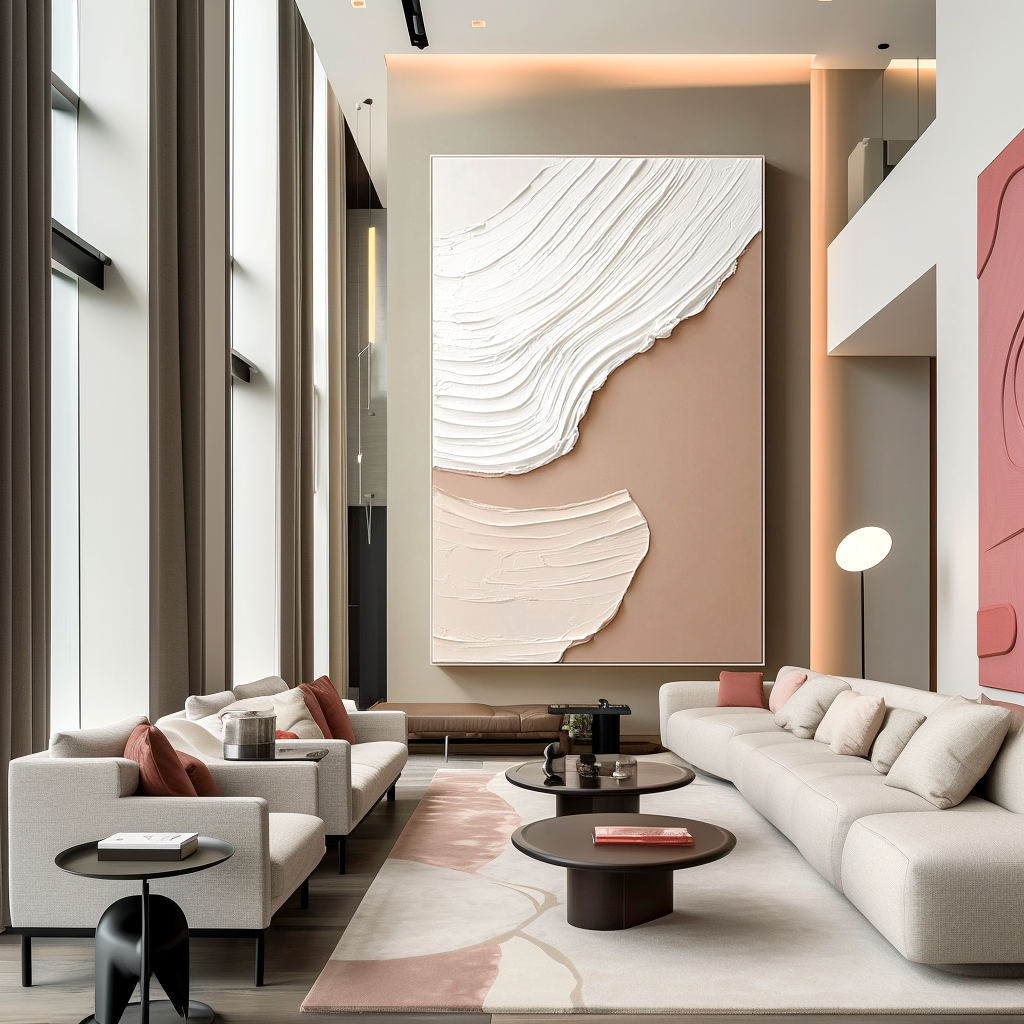 neutral minimal textured abstract painting with white and beige layered strokes on brown background