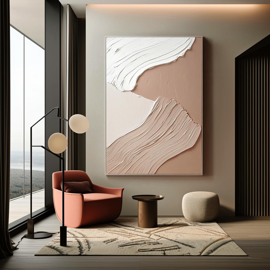 minimal neutral abstract textured painting with flowing creamy layered strokes