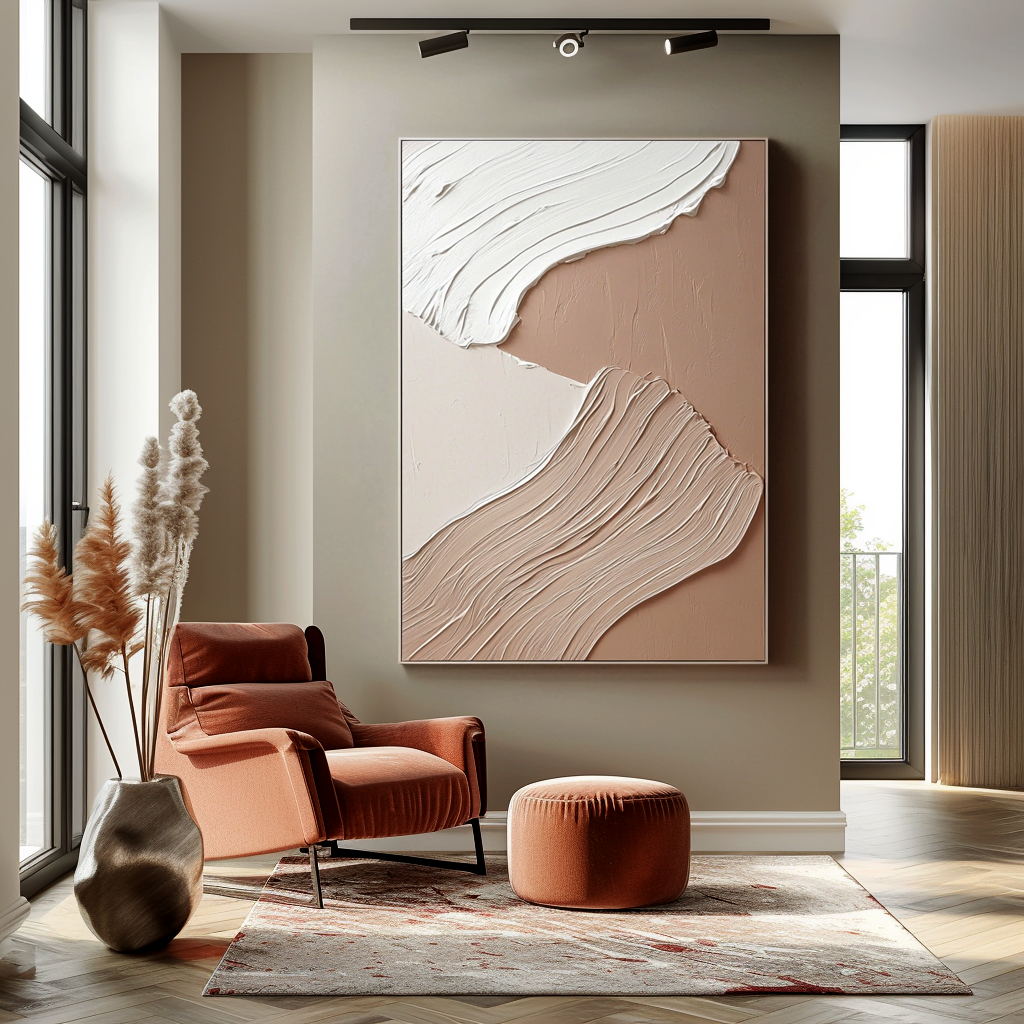 minimal neutral abstract textured painting with flowing creamy layered strokes