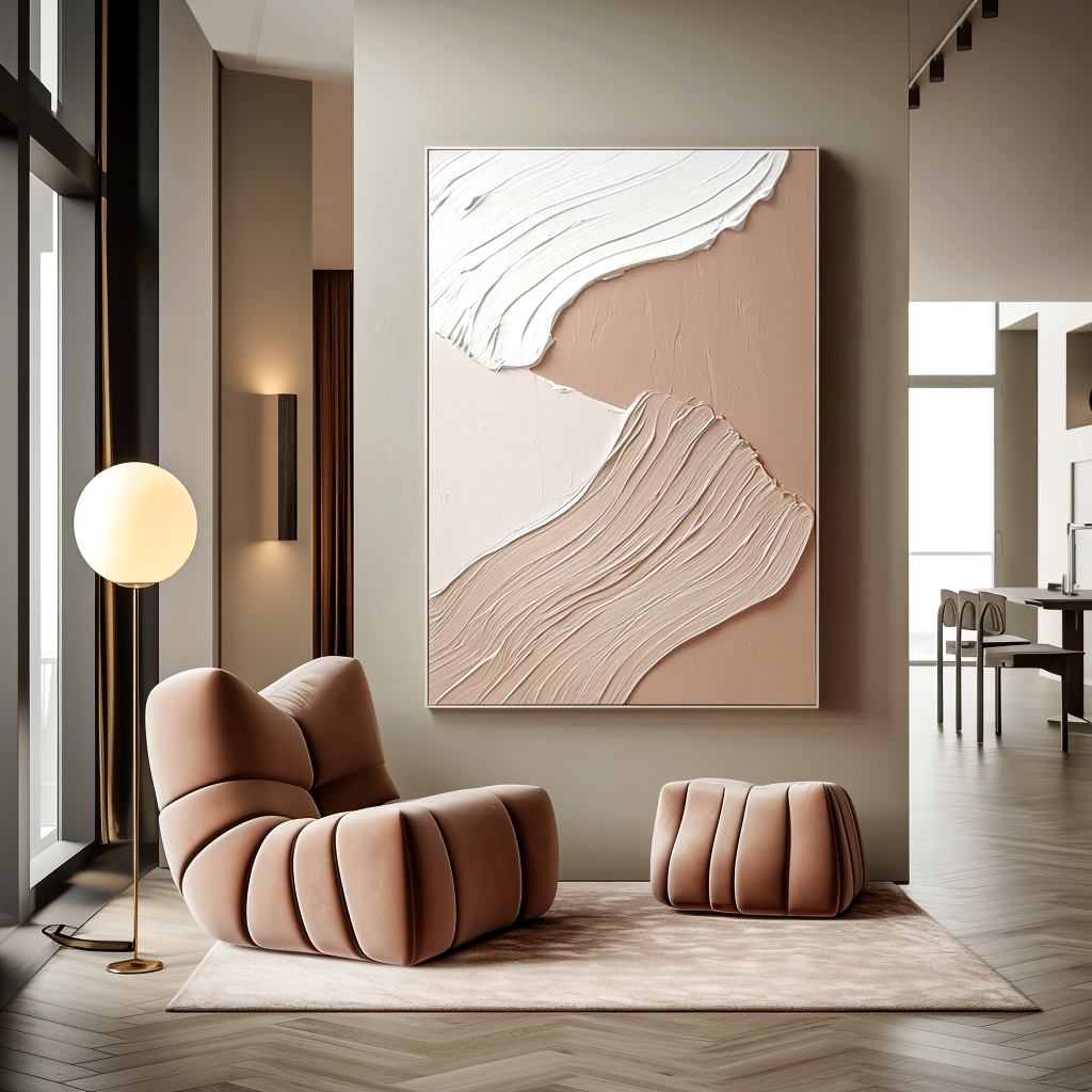 minimal neutral abstract textured painting with flowing creamy layered strokes