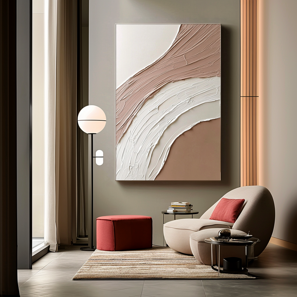 neutral minimal abstract textured painting with soft curved arc strokes