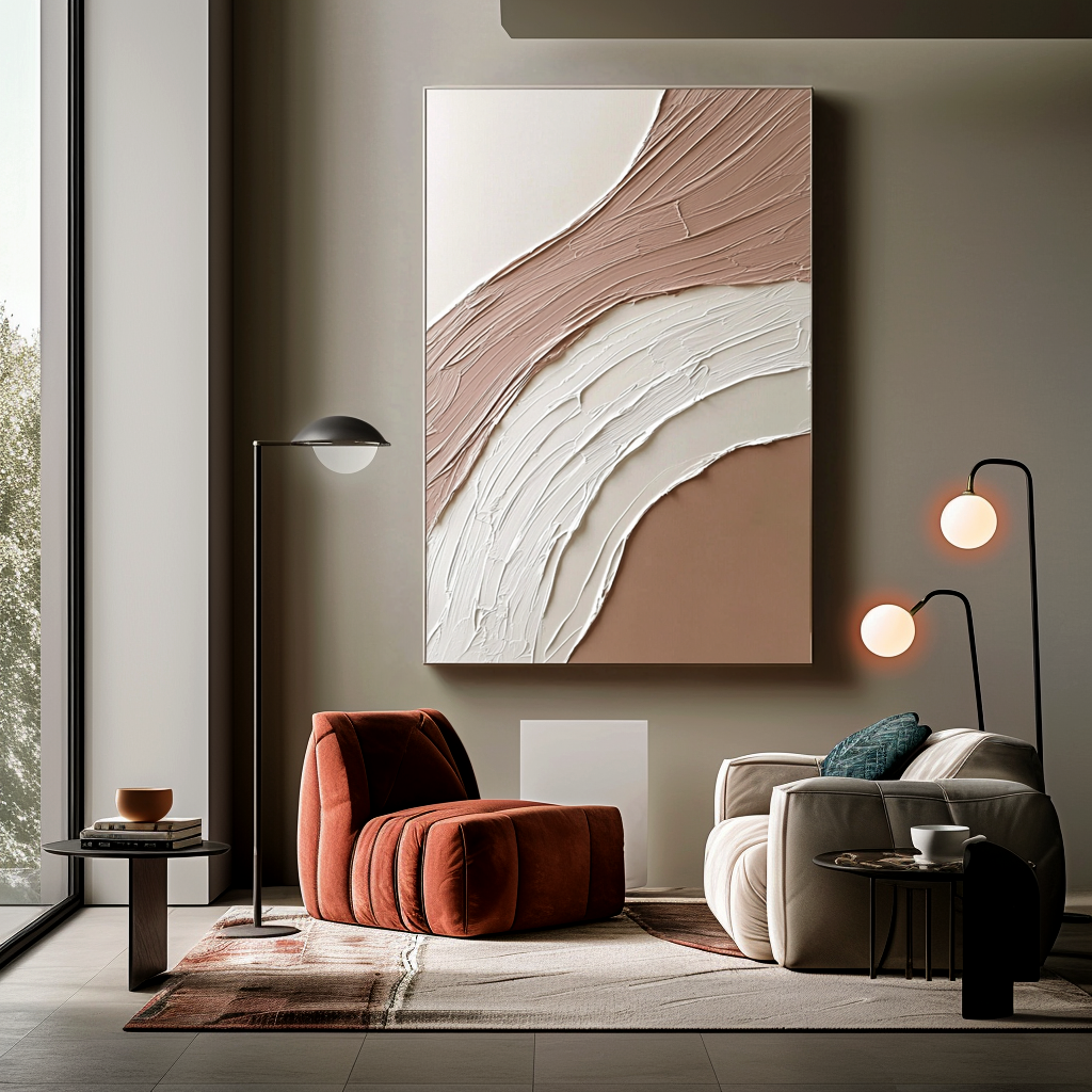 neutral minimal abstract textured painting with soft curved arc strokes