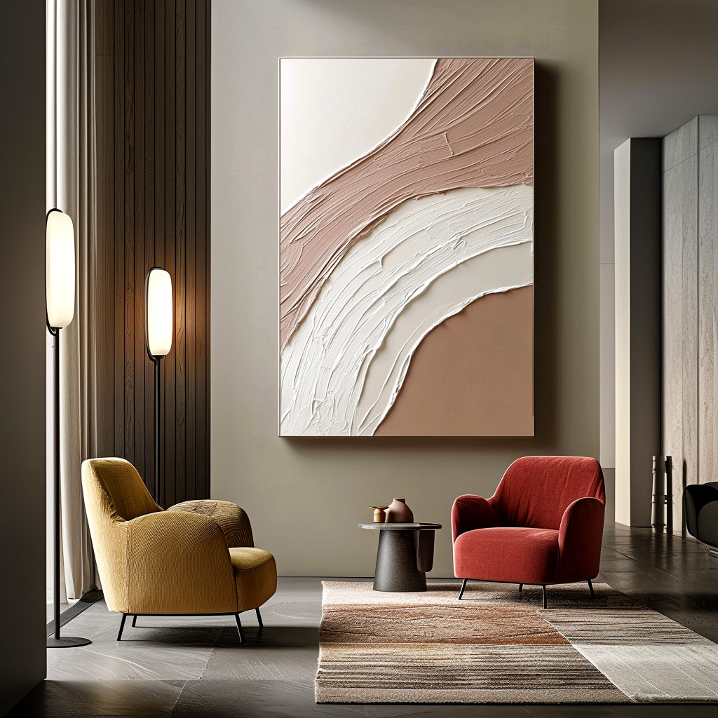 neutral minimal abstract textured painting with soft curved arc strokes