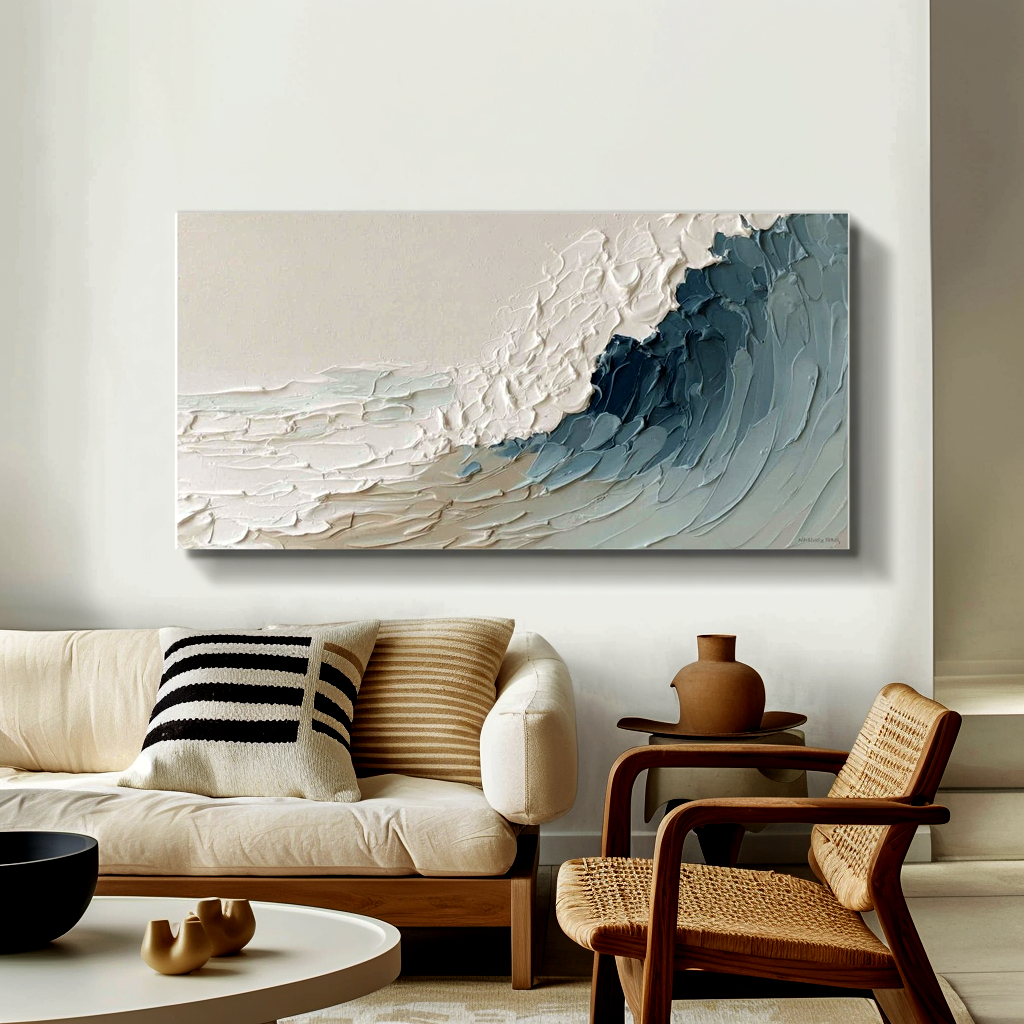 textured abstract coastal wave painting in soft blue and white tones