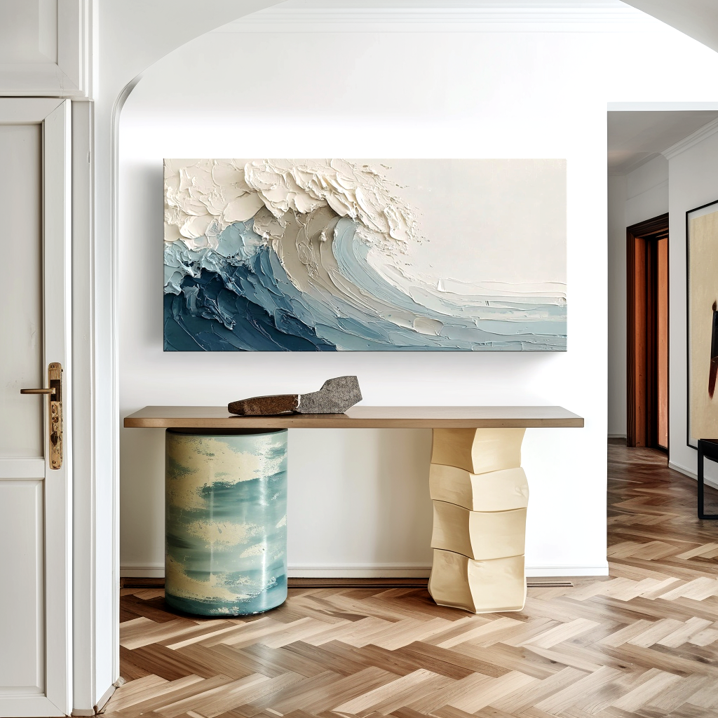 textured abstract ocean wave painting in blue and cream tones