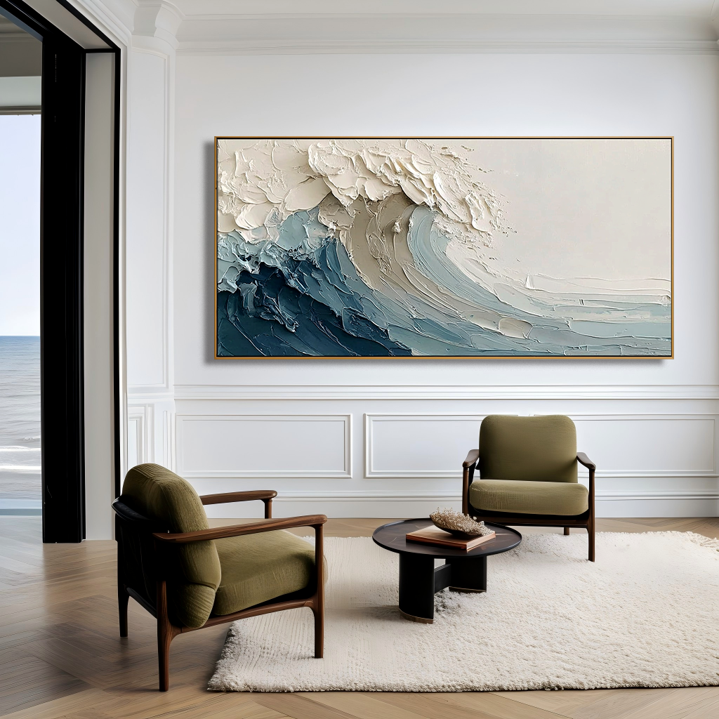 textured abstract ocean wave painting in blue and cream tones