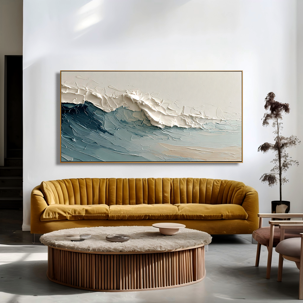 textured abstract ocean wave painting with blue water and white foam