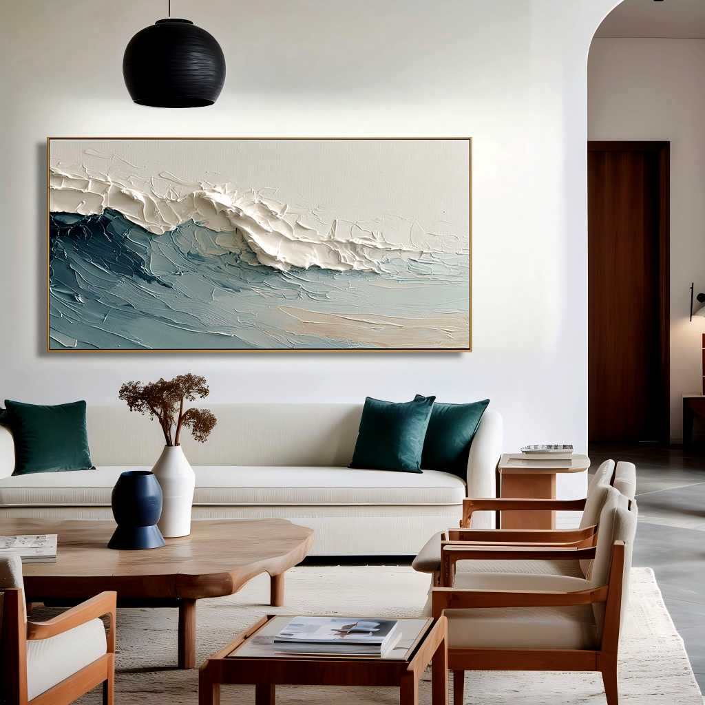 textured abstract ocean wave painting with blue water and white foam