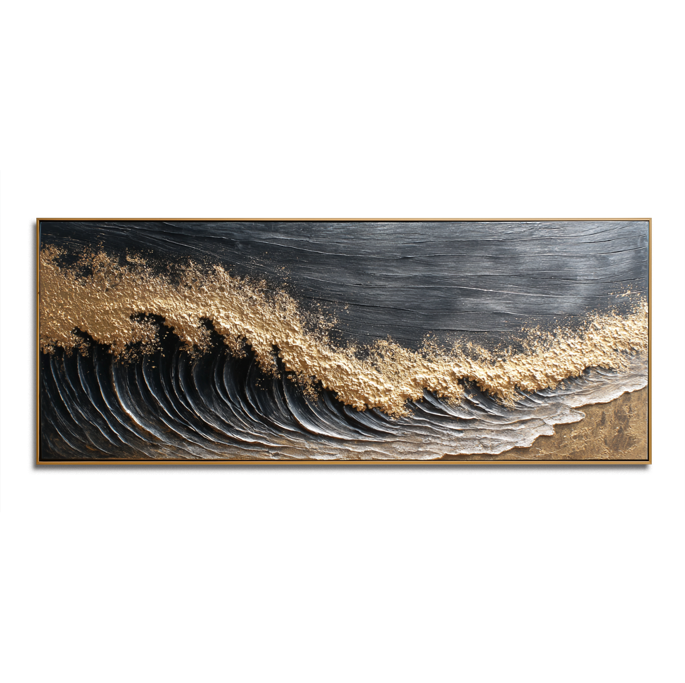 textured abstract ocean wave painting with black and gold