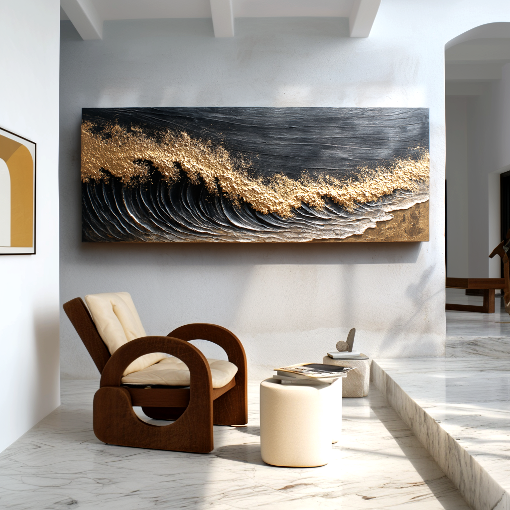 textured abstract ocean wave painting with black and gold