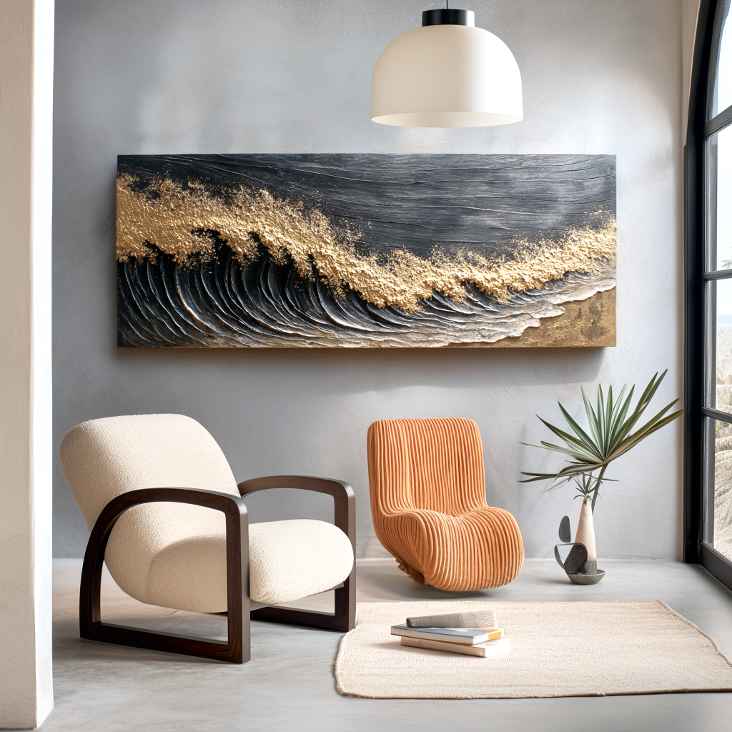 textured abstract ocean wave painting with black and gold