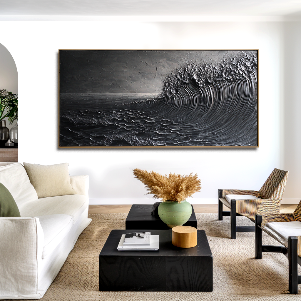 textured monochrome abstract wave painting with thick brush strokes