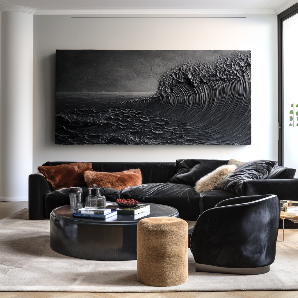 textured monochrome abstract wave painting with thick brush strokes