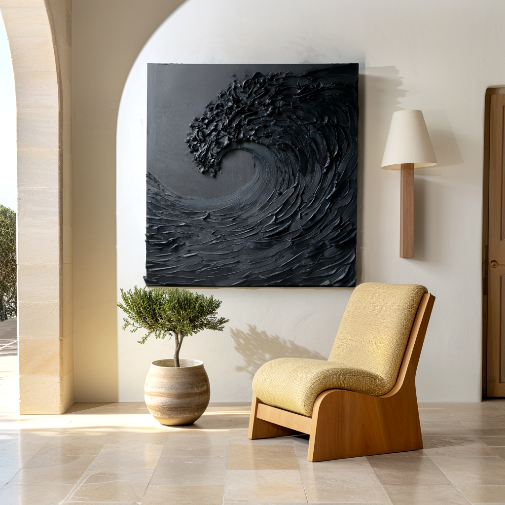 textured black abstract wave painting with thick 3D brush strokes