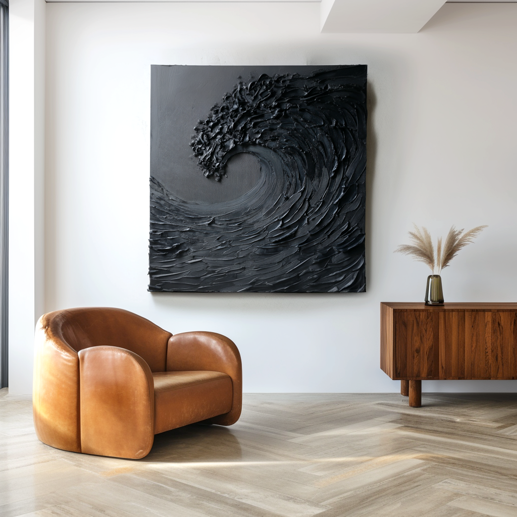 textured black abstract wave painting with thick 3D brush strokes