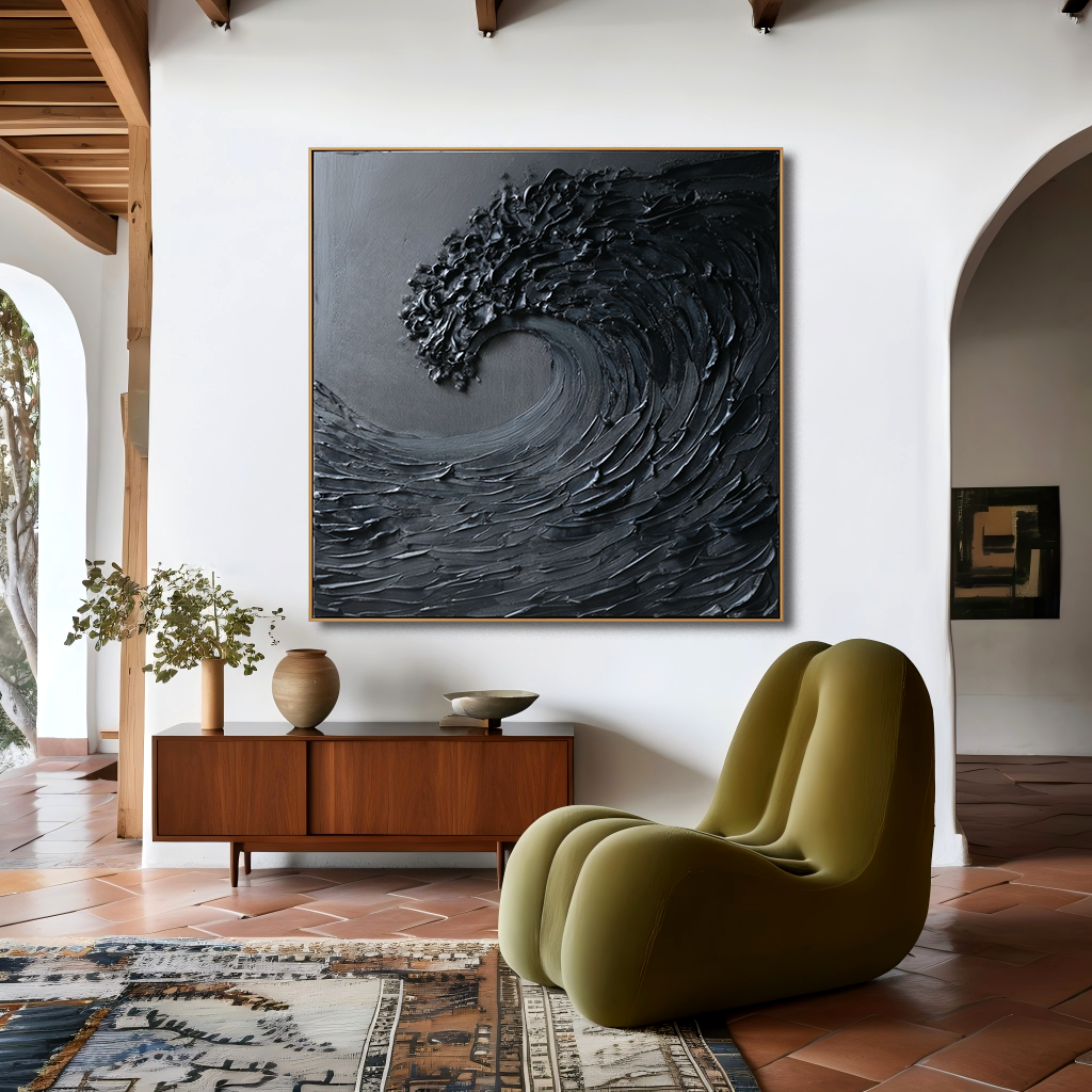 textured black abstract wave painting with thick 3D brush strokes