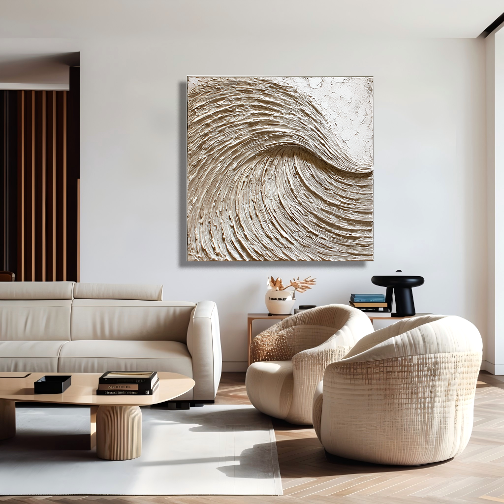 neutral textured abstract wave painting thick 3D wall art