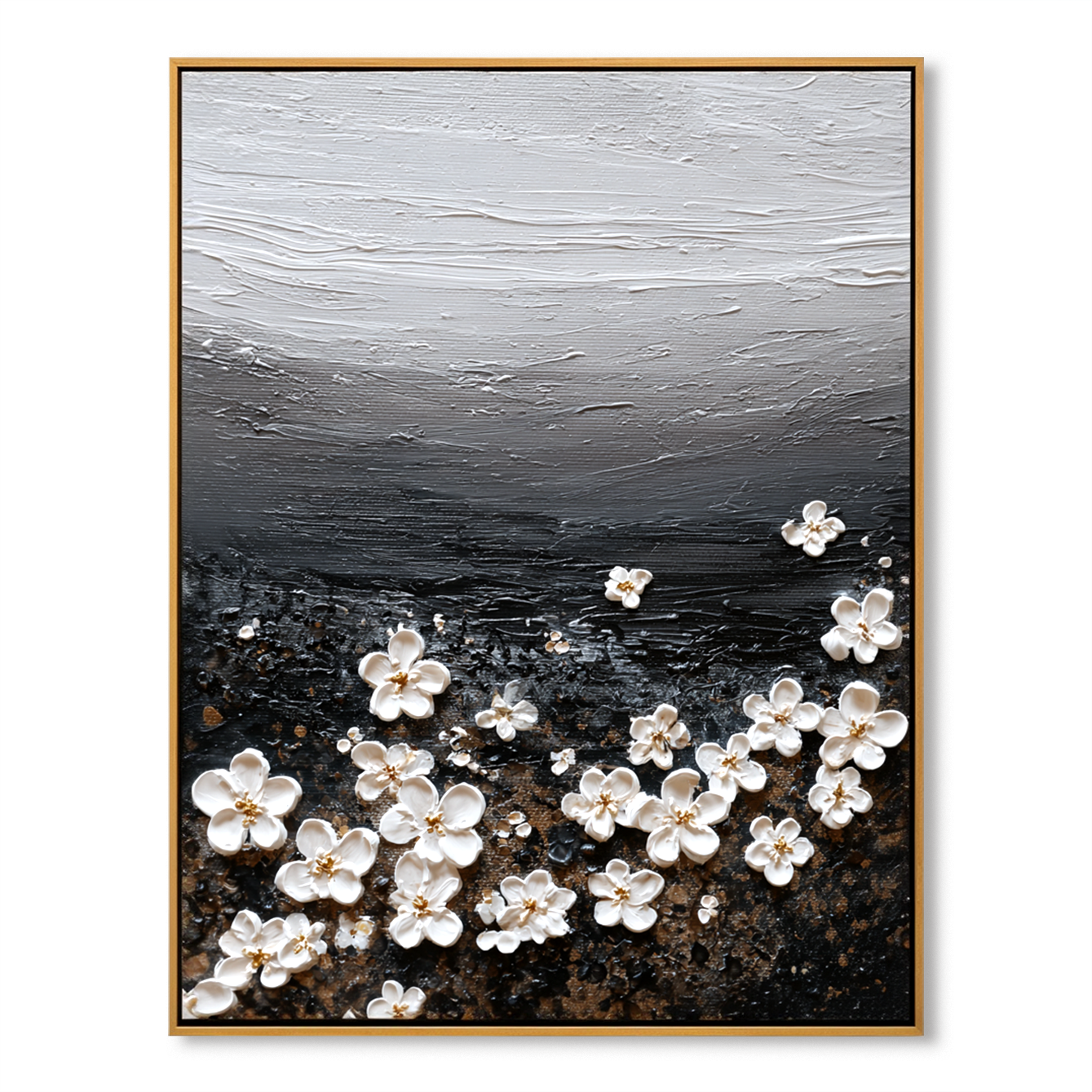minimal textured floral painting with small white blossoms on dark background