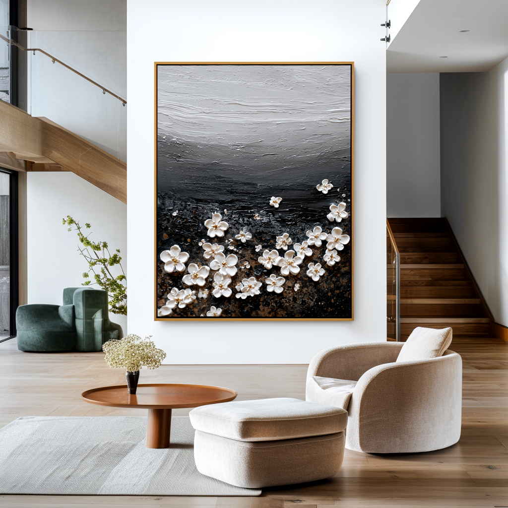 minimal textured floral painting with small white blossoms on dark background