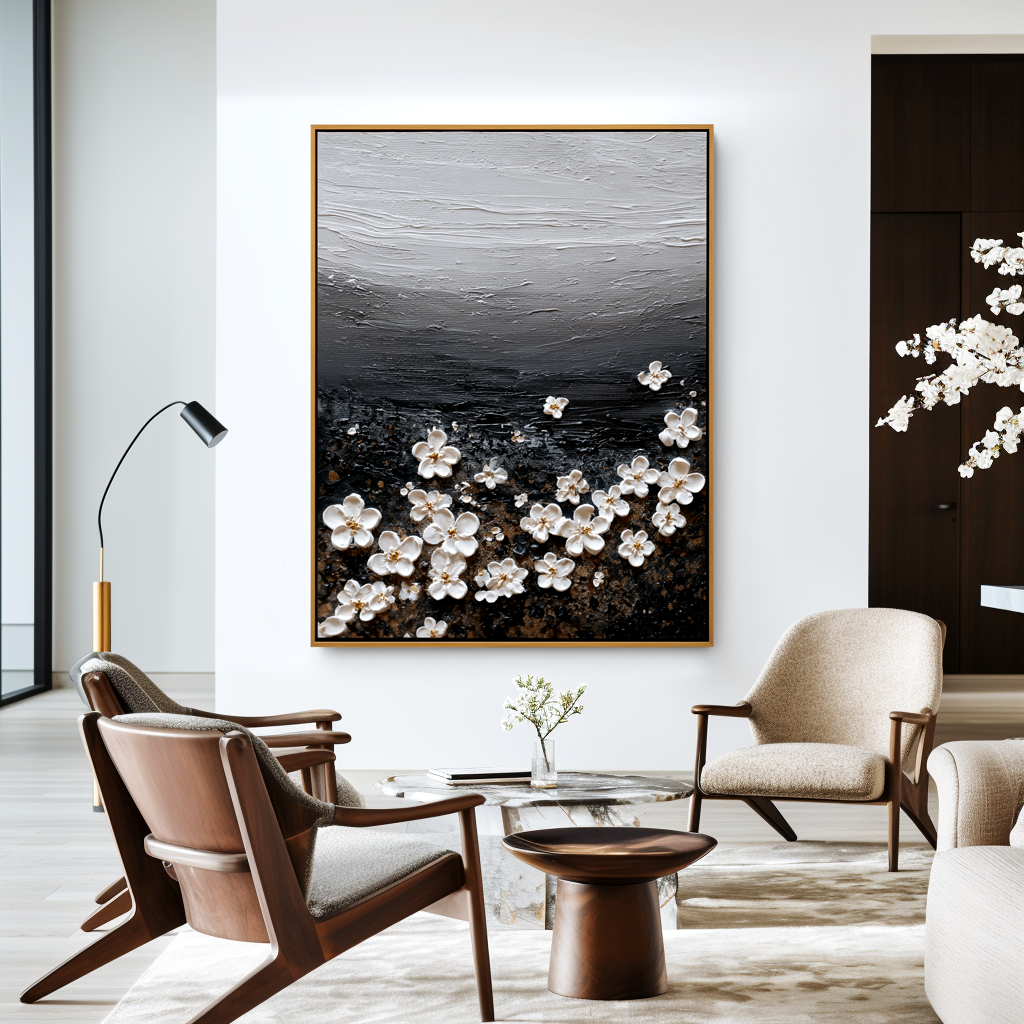 minimal textured floral painting with small white blossoms on dark background