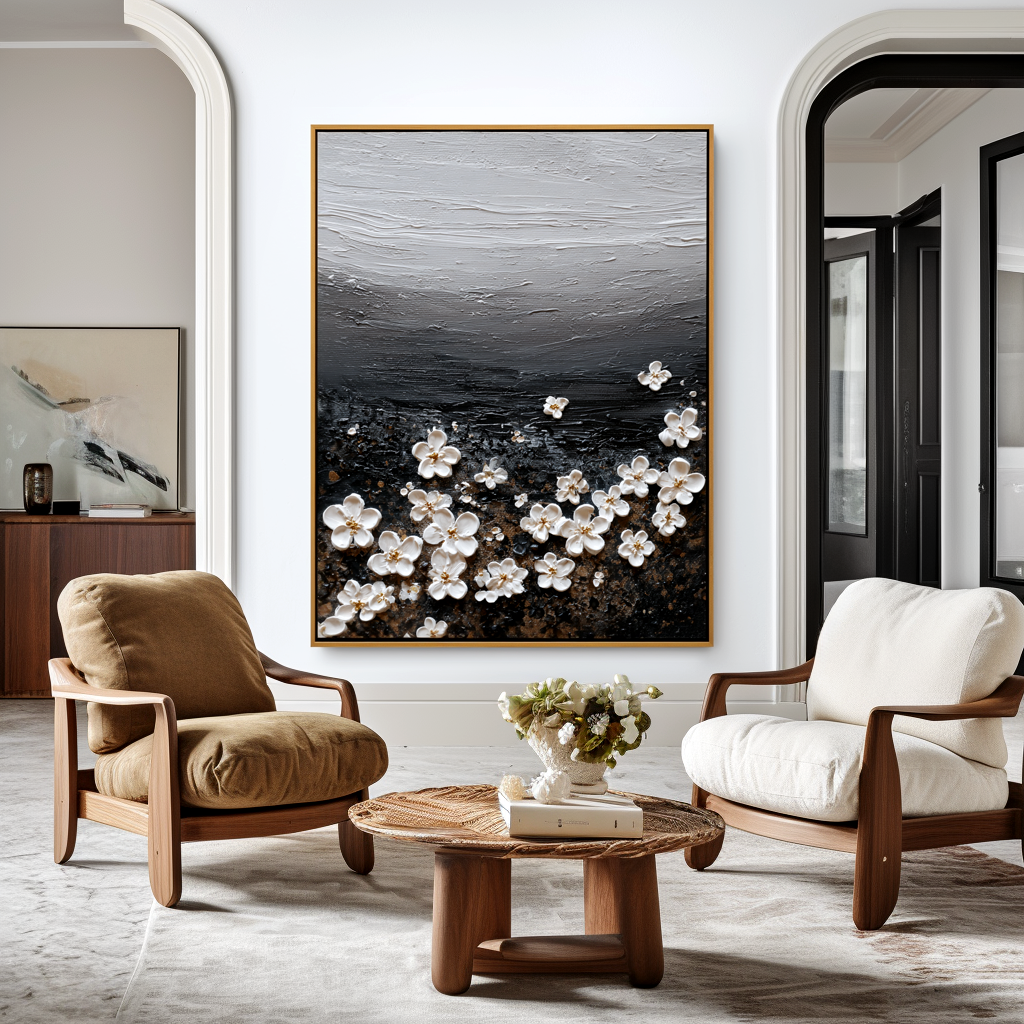 minimal textured floral painting with small white blossoms on dark background