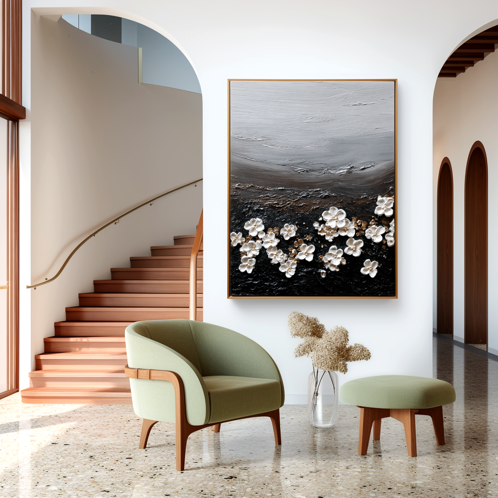 minimal textured floral painting with white blossoms scattered on dark surface