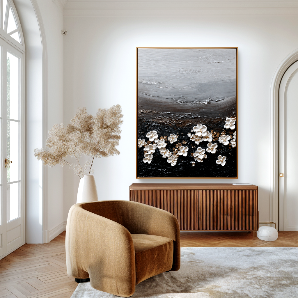 minimal textured floral painting with white blossoms scattered on dark surface