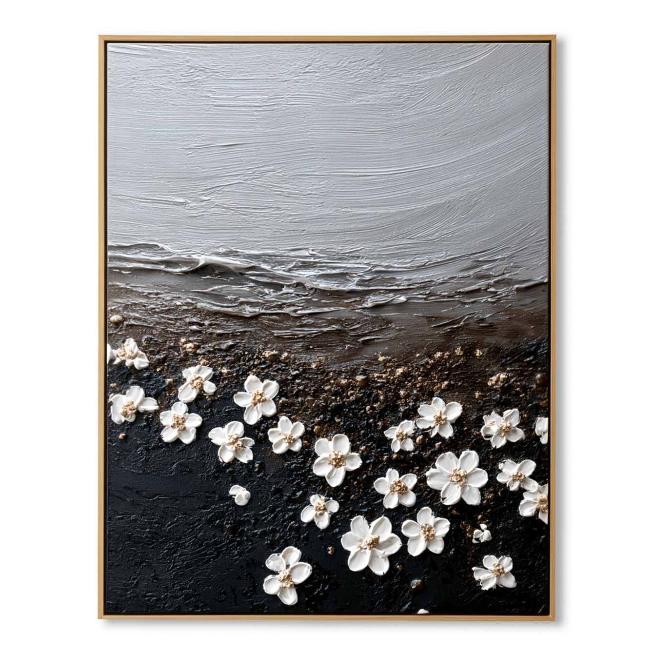 minimal textured floral painting with white blossoms scattered on dark surface
