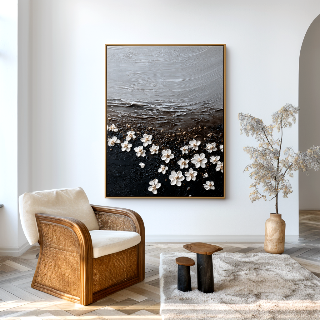 abstract textured floral painting with white blossoms on dark surface and soft horizon