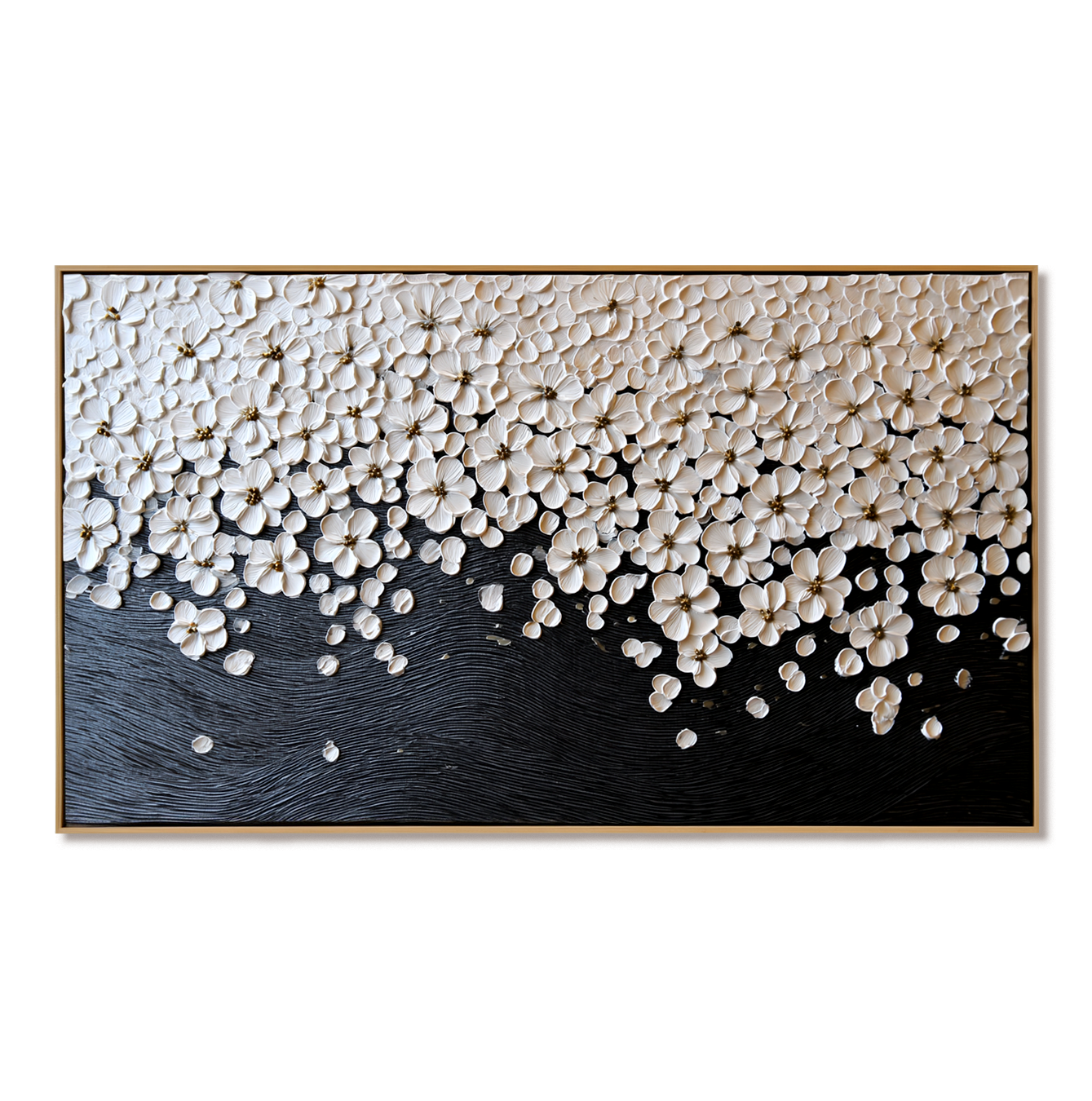 horizontal textured floral painting with white blossoms flowing over dark background