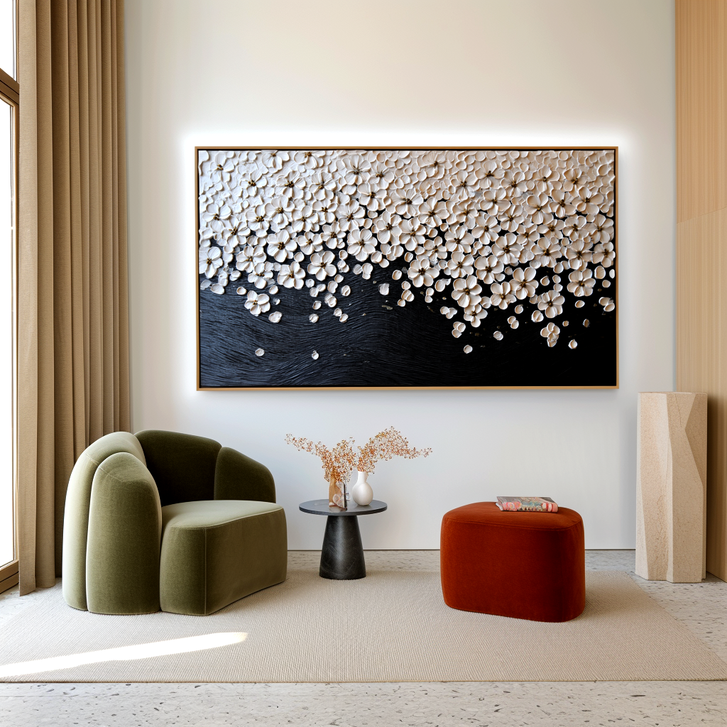 horizontal textured floral painting with white blossoms flowing over dark background