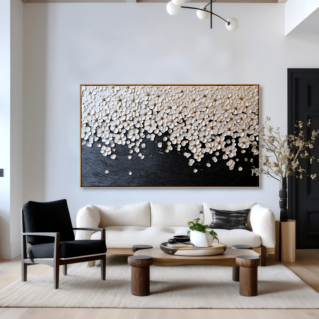 horizontal textured floral painting with white blossoms flowing over dark background