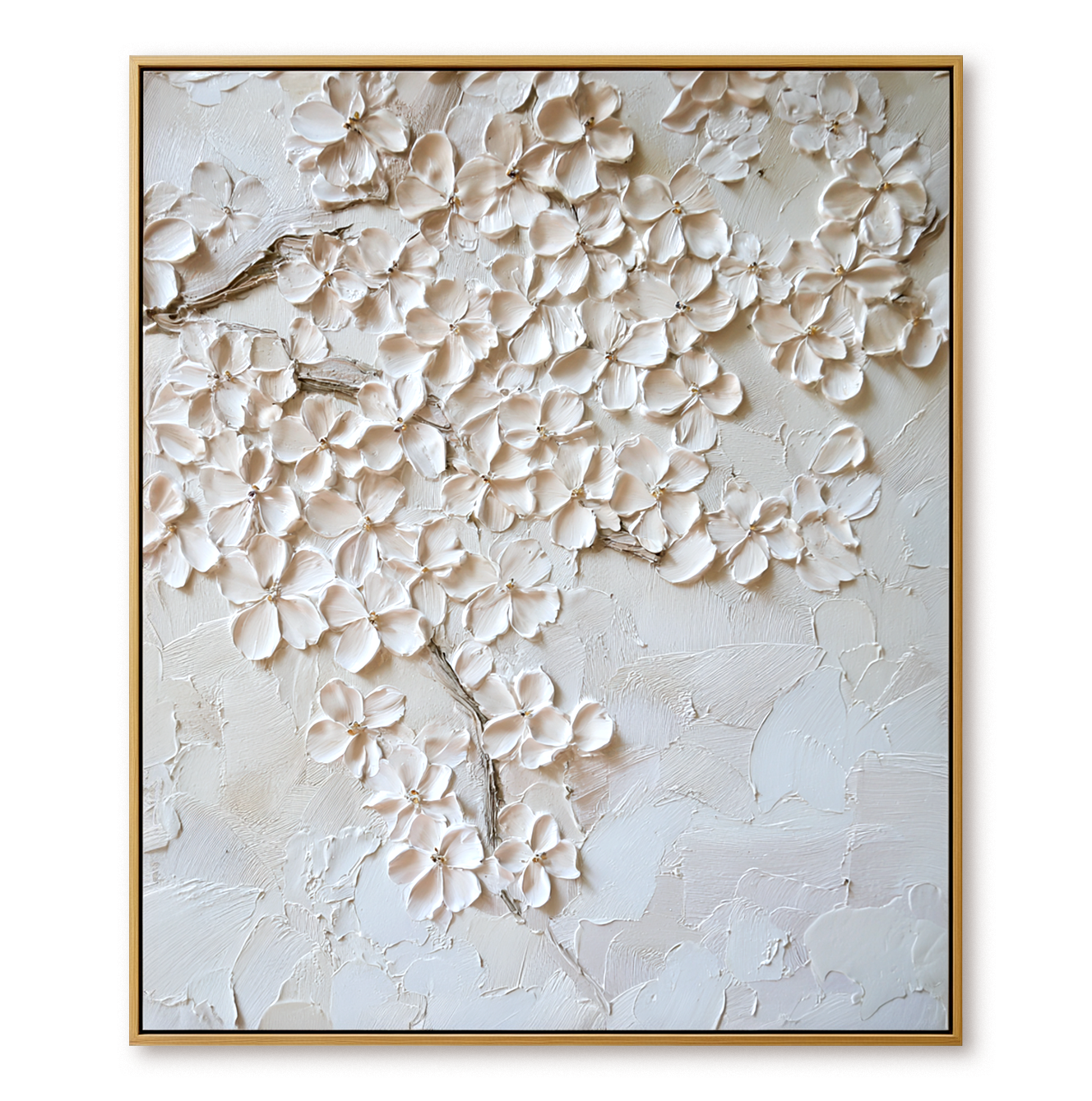 textured ivory blossom painting with raised petals on a light neutral background