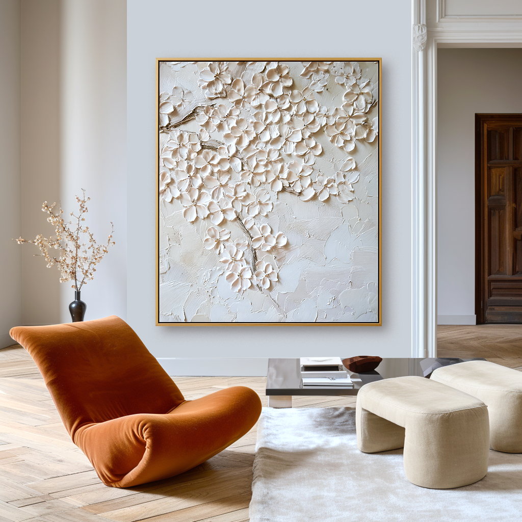 textured ivory blossom painting with raised petals on a light neutral background